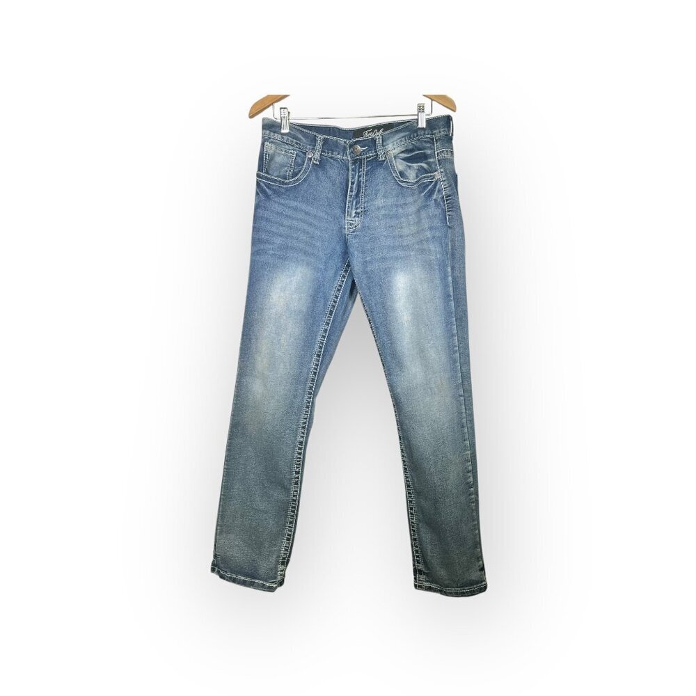 TRUE LUCK Men's Jeans Size 32 x 32  Bootcut Medium to Light Wash FLAWS